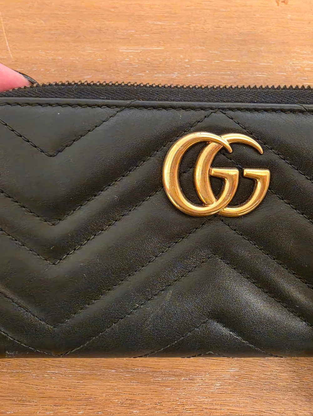 Gucci GG Marmont Leather Zip-Around Long Wallet, Black And Gold